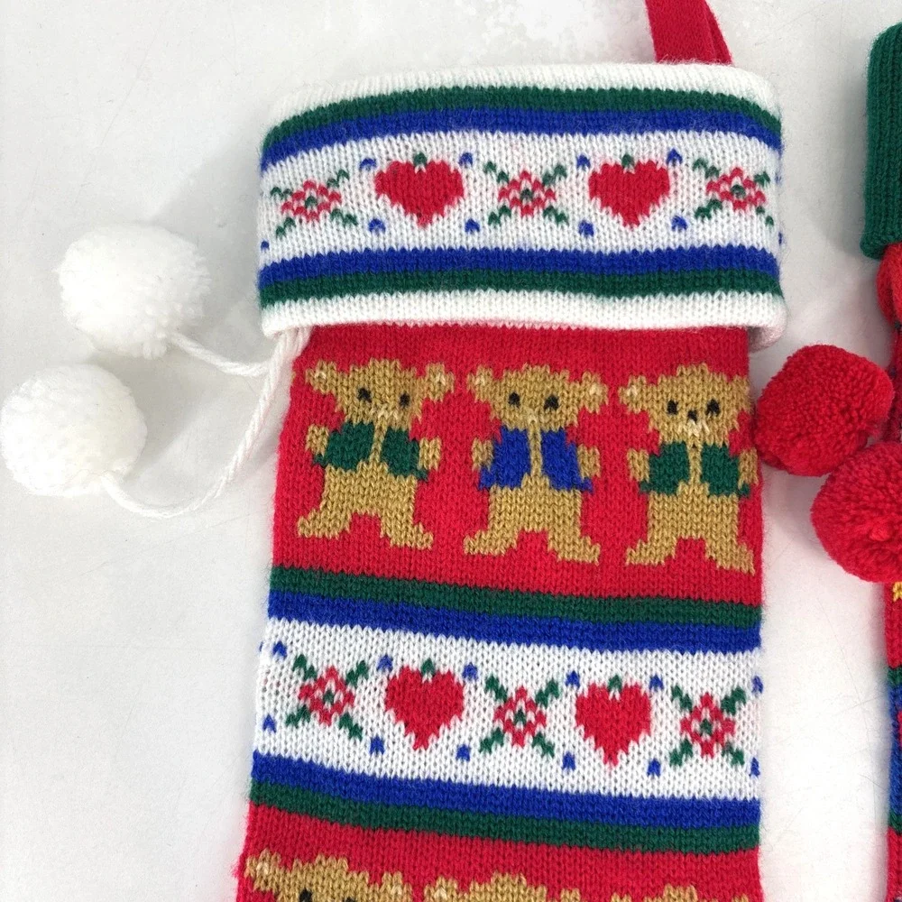 VTG Christmas Stocking LOT Kurt Adler Knit Hearts & Bears &‎ NOEL Rocking Horse